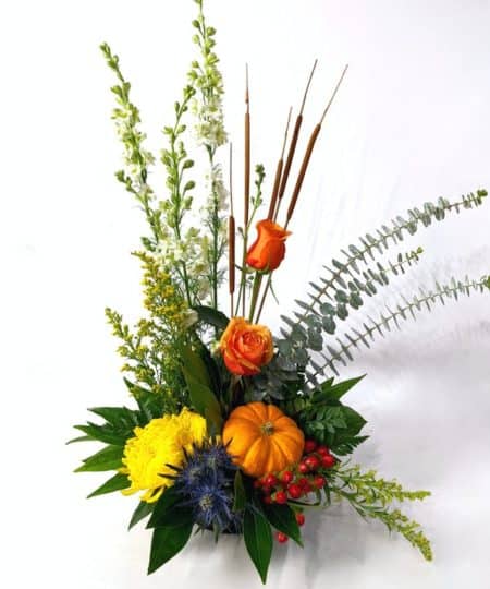 A delightful fall arrangement featuring a real small pumpkin within the arrangement! Mums, roses, thistle, and more are combined in this striking fall design.